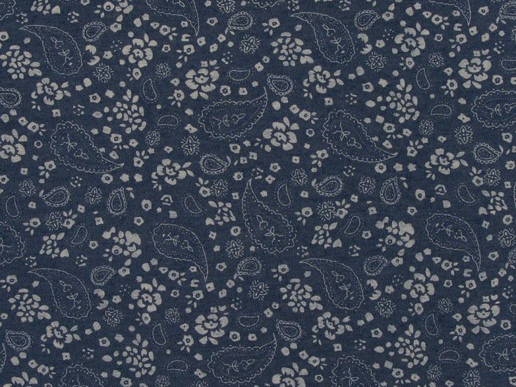 Floral Paisley Printed Chambray, Mid Blue