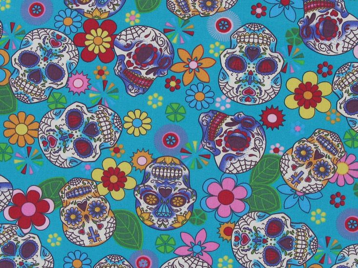 Floral Skull Cotton Poplin Print, Turquoise