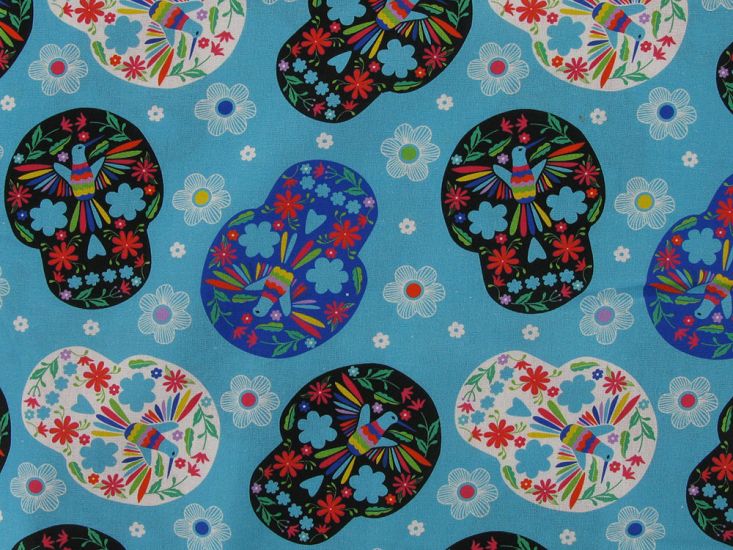 Floral Sugar Skulls Cotton Print, Turquoise
