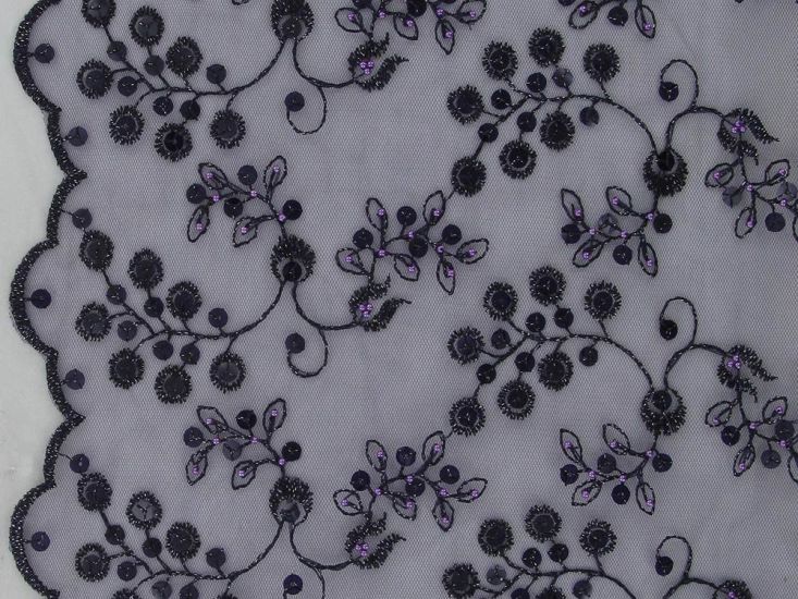Floral Vines Embroidered Scalloped Edged Sequin Tulle, Purple