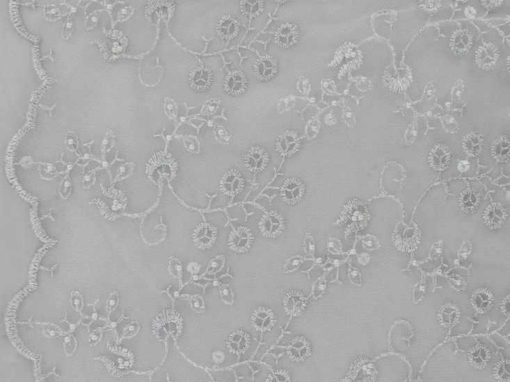 Floral Vines Embroidered Scalloped Edged Sequin Tulle, White