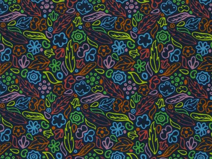 Floral Waves Cotton Print, Navy