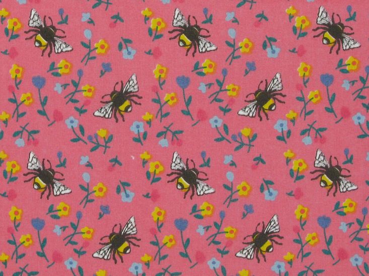 Flower Bees Polycotton Print, Pink