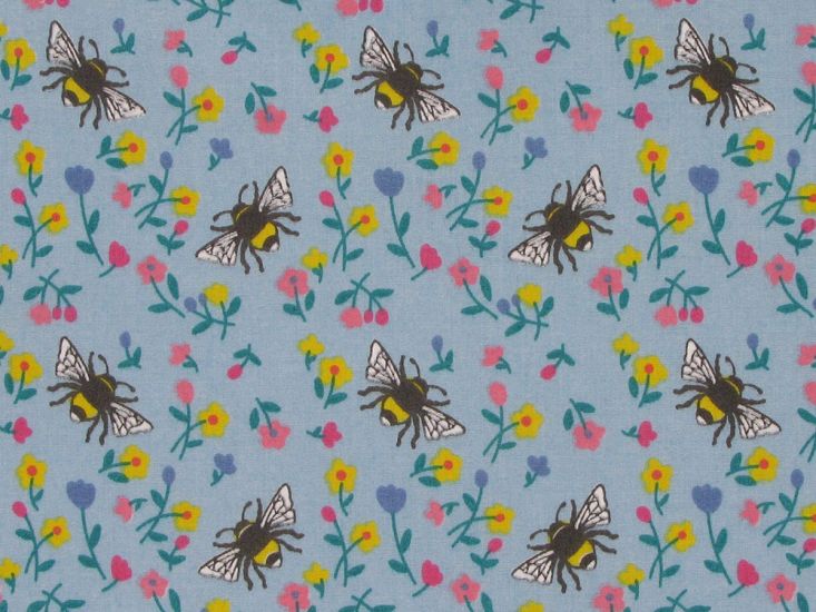 Flower Bees Polycotton Print, Sky