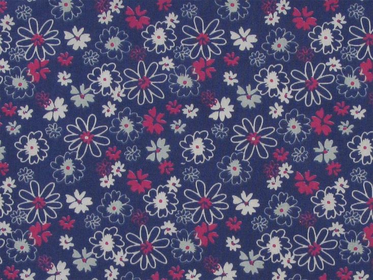 Flower Party Polycotton Print, Navy