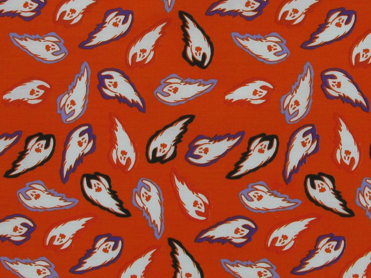 Flying Ghosts Halloween Polycotton Print, Orange