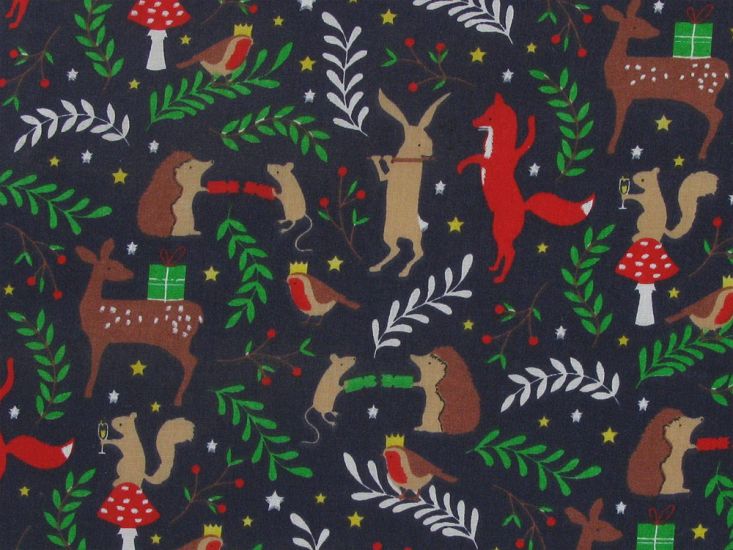 Forest Animal Christmas Party Polycotton Print, Navy