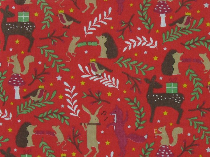 Forest Animal Christmas Party Polycotton Print, Red
