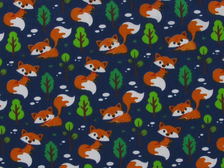 Fox Cub Forest Polycotton Print, Navy