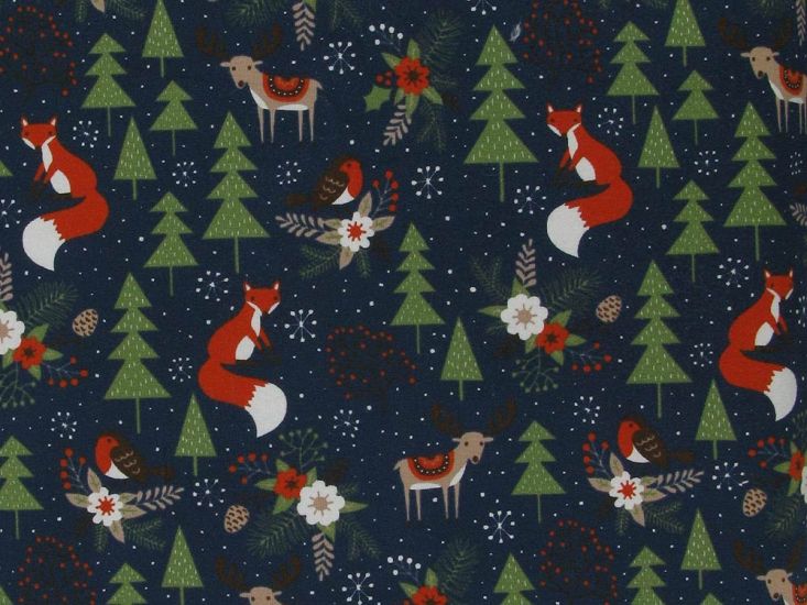 Fox Forest Christmas Cotton Jersey Print, Navy