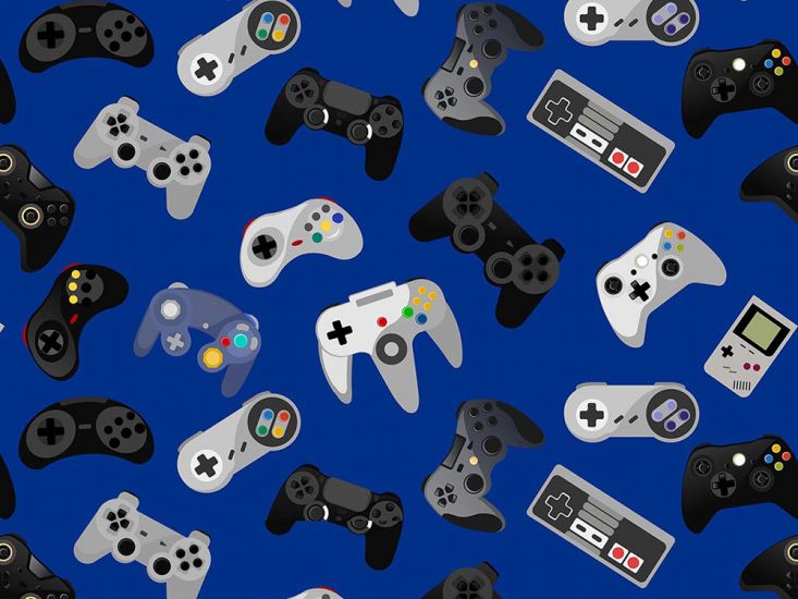 Gamer Series Cotton Print, Retro Controls, Blue