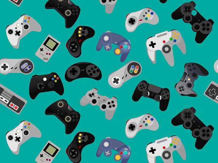 Gamer Series Cotton Print, Retro Controls, Turquoise