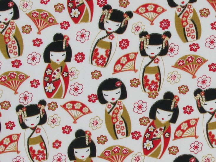 Geisha Fan Cotton Poplin Print, White