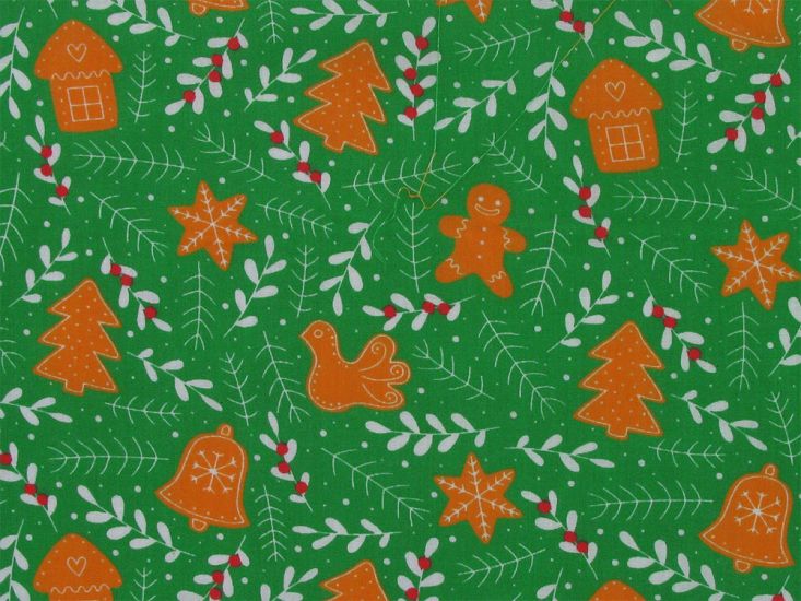 Gingerbread Christmas Polycotton Print, Green