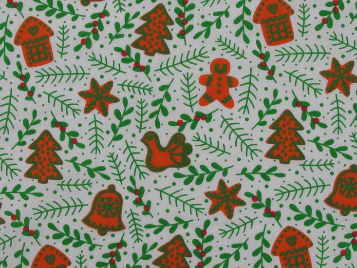 Gingerbread Christmas Polycotton Print, White