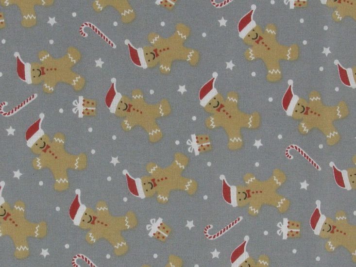 Christmas Gingerbread Hats Polycotton Print, Grey