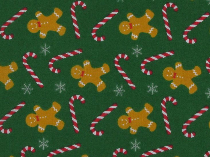 Christmas Gingerbread Men Polycotton Print, Green