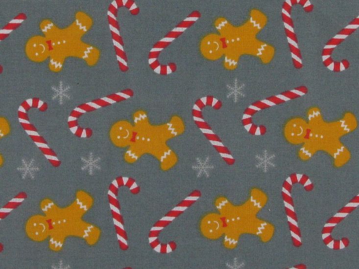 Christmas Gingerbread Men Polycotton Print, Grey