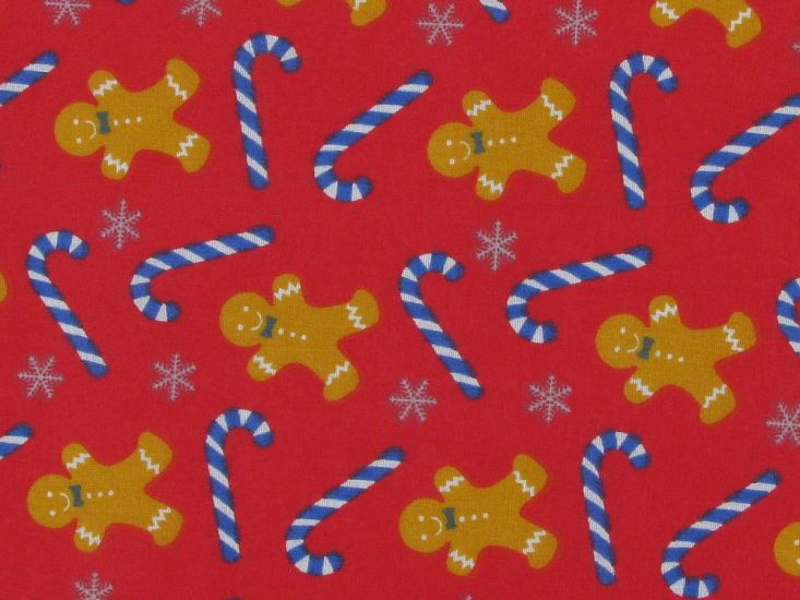 Christmas Gingerbread Men Polycotton Print, Red