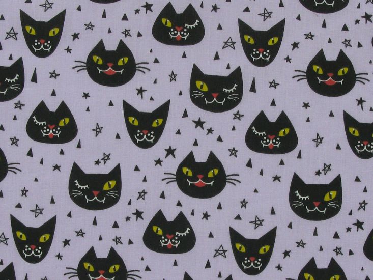 Halloween Cats Polycotton Print, Lilac