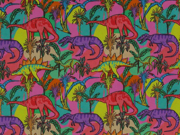 Hawaiian Dinosaurs Cotton Print, Pink