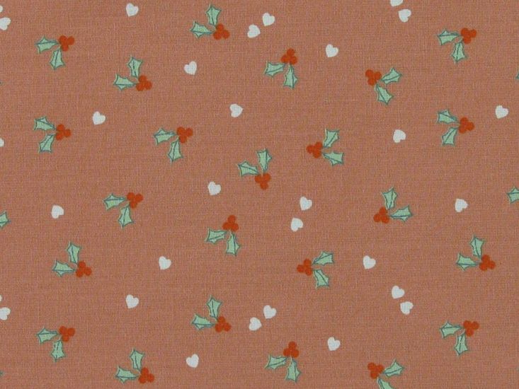 Hearts and Holly Christmas Cotton Print, Salmon