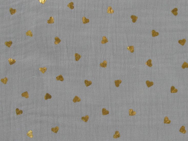 Hearts Foil Print Double Gauze, Grey