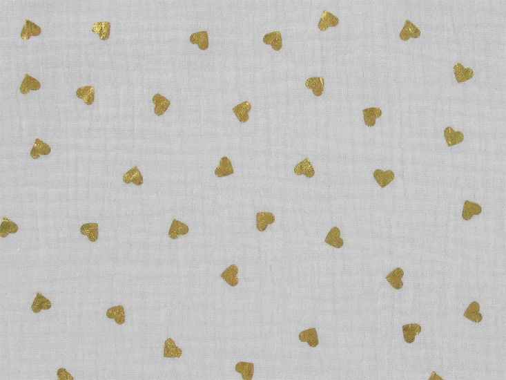 Hearts Foil Print Double Gauze, White