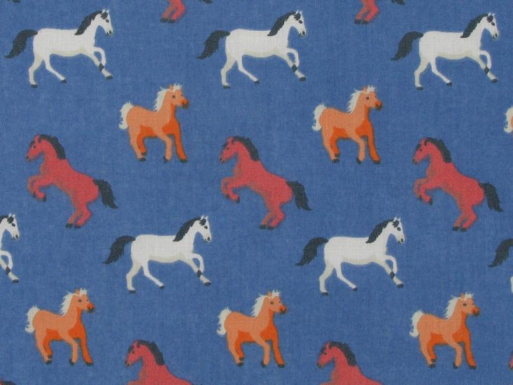 Horses Gallop Polycotton Print, Blue