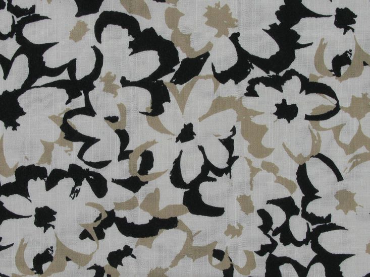 Ink Blossom Stretch Linen Rayon Print, Black and Beige