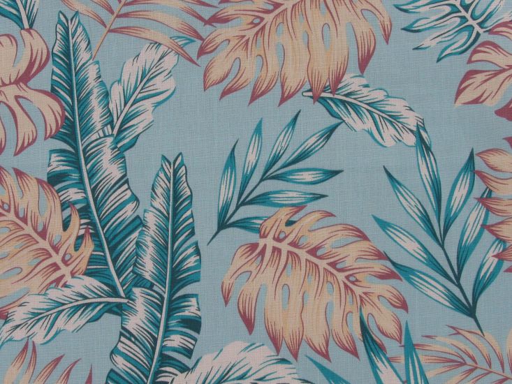 Island Palm Trees Stretch Cotton Linen Print, Ice Blue