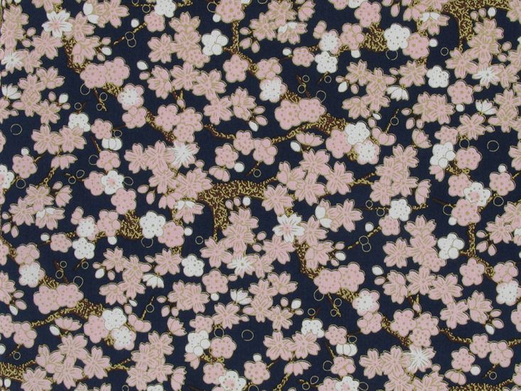 Isumi Japanese Foil Cotton Print, Blossom Tree, Navy
