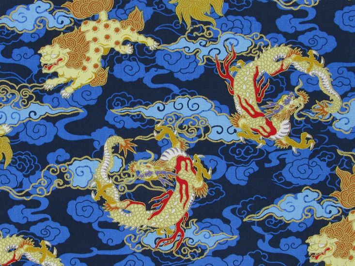 Isumi Japanese Foil Cotton Print, Dragon Chase Blue