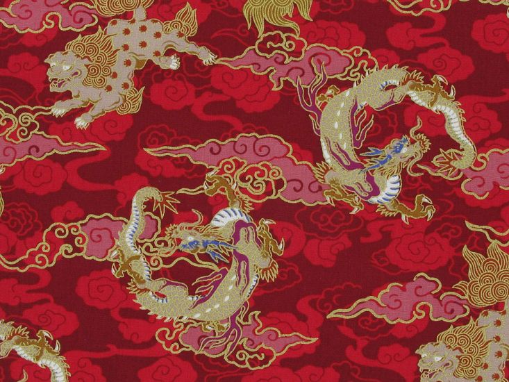 Isumi Japanese Foil Cotton Print, Dragon Chase, Red