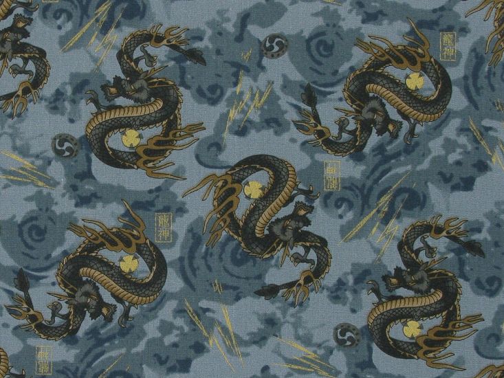Isumi Japanese Foil Cotton Print, Dragon Flash, Blue Grey