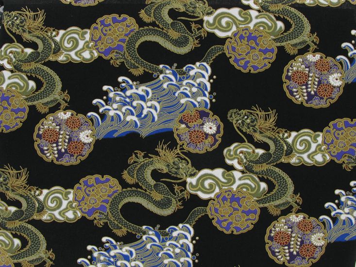 Isumi Japanese Foil Cotton Print, Dragon Symbol, Black