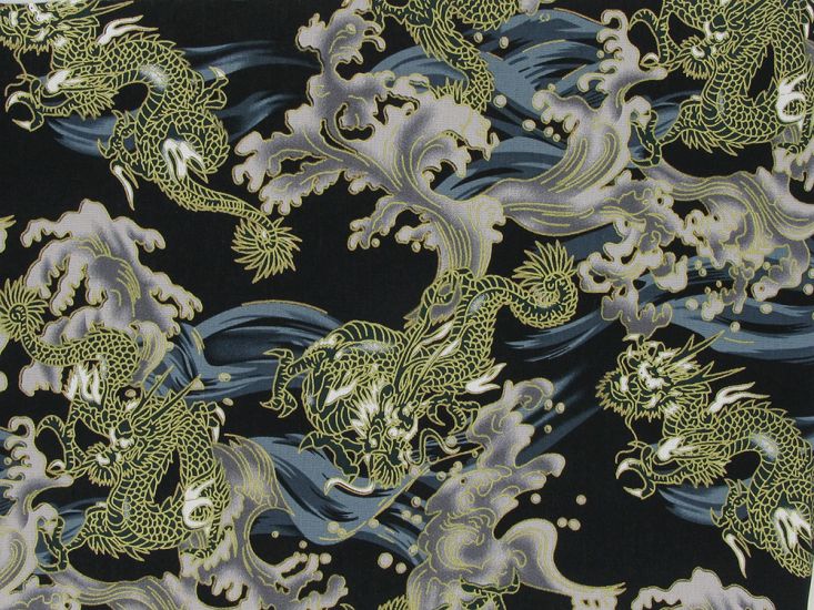 Isumi Japanese Foil Cotton Print, Dragon Wave, Black