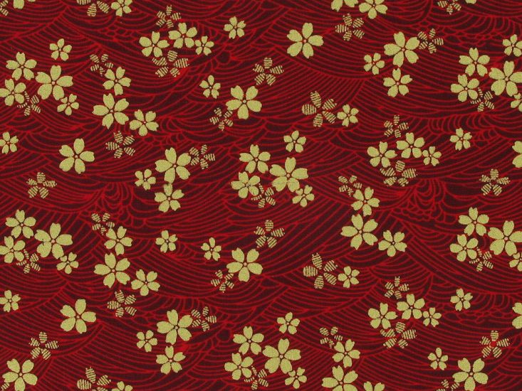 Isumi Japanese Foil Cotton Print, Floral Blossom Waves, Red