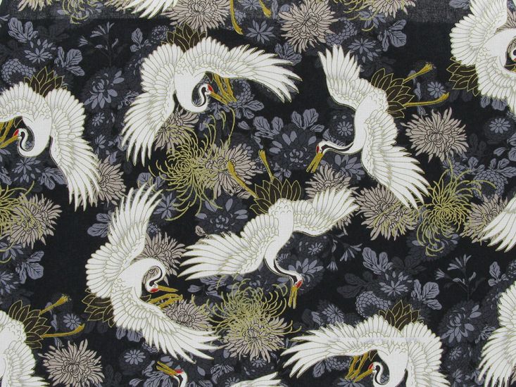 Isumi Japanese Foil Cotton Print, Floral Crane, Black