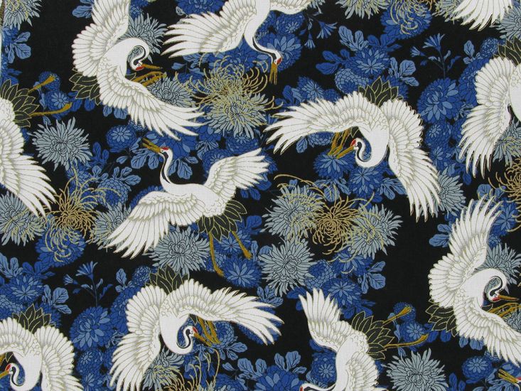 Isumi Japanese Foil Cotton Print, Floral Crane, Royal