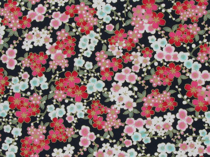 Isumi Japanese Foil Cotton Print, Floral Garden, Navy