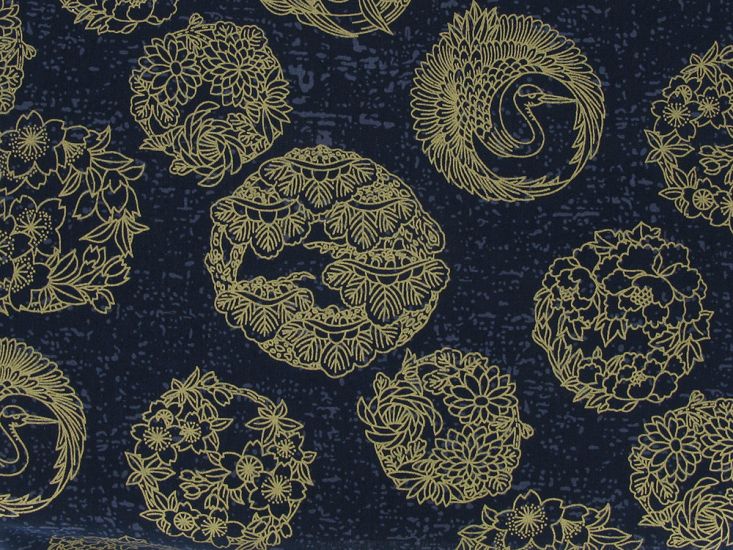 Isumi Japanese Foil Cotton Print, Floral Medallions, Navy