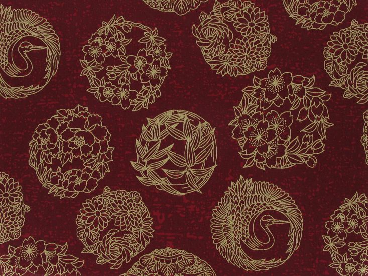Isumi Japanese Foil Cotton Print, Floral Medallions, Red