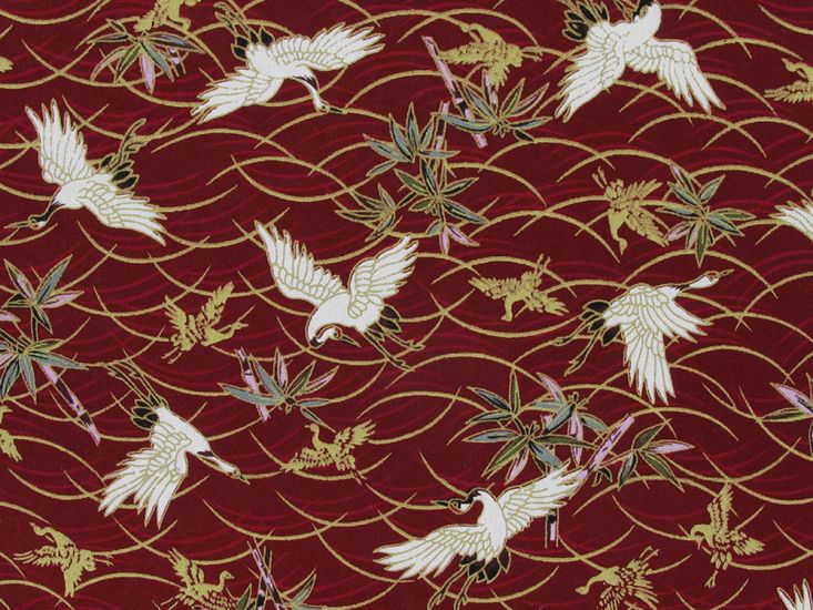Isumi Japanese Foil Cotton Print, Swooping Crane, Red