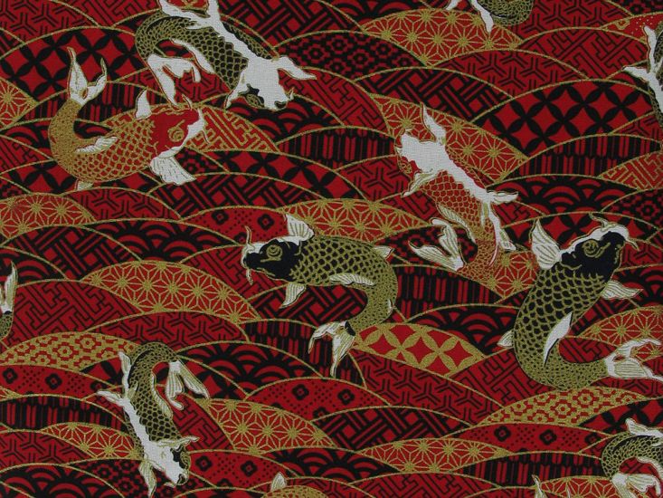 Isumi Japanese Foil Cotton Print, Swimming Koi, Red