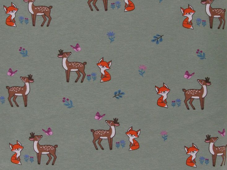Joyful Deer Cotton Jersey Print, Sage