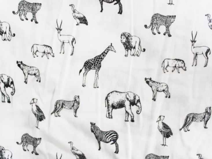 Jungle Animals Printed Double Gauze, White