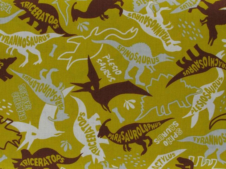 Jurassic Dinosaurs Cotton Print, Mustard
