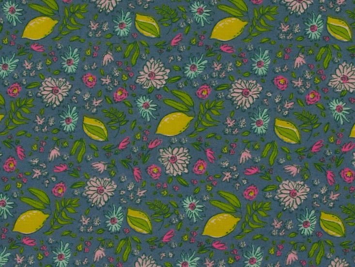 Lemon Blossom Meadow Polycotton Print, Blue
