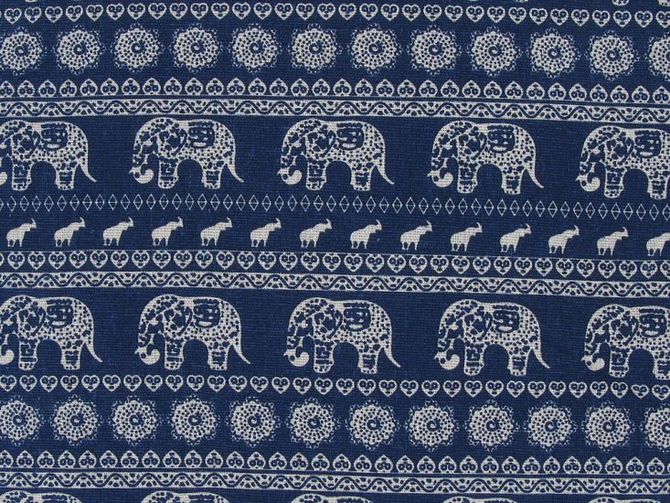 Lightweight Linen Look Canvas, Indian Elephant Stripe, Blue